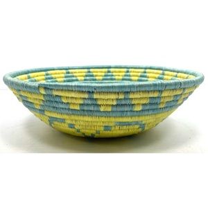 Handmade Indego Africa Yellow Blue Sisal Sweetgrass Plateau Basket Round Shaped